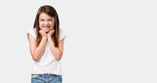 Full Body Little Girl Very Happy Excited Raising Arms Celebrating — Stock Photo, Image