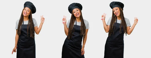 Set Young Black Female Baker Black Uniform Fun Happy Making — Stock Photo, Image