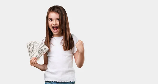 Full Body Little Girl Very Excited Euphoric Shouting Looking Forward — Stock Photo, Image