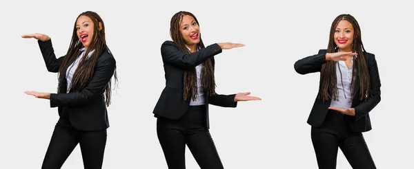 Set Young Black Business Woman Holding Something Hands Showing Product — Stock Photo, Image