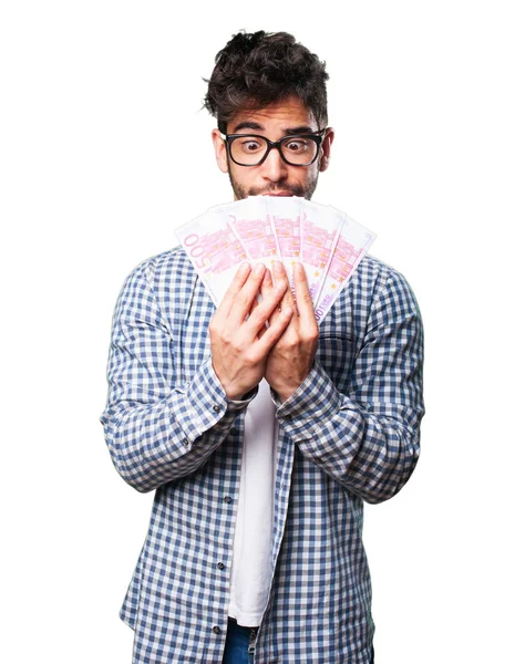 Happy Young Man Holding Bills Isolated White Background — Stock Photo, Image