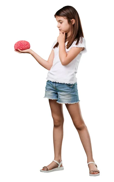 Full Body Little Girl Thinking Deducting Looking Brain Trying Understand — Stock Photo, Image