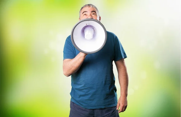 Mature Man Shouting Megaphone — Stock Photo, Image