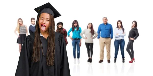 Young Graduated Black Woman Wearing Braids Expression Confidence Emotion Fun — Stock Photo, Image