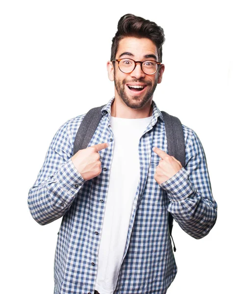 Beyaz arka plan üzerinde izole sürpriz öğrenci adam