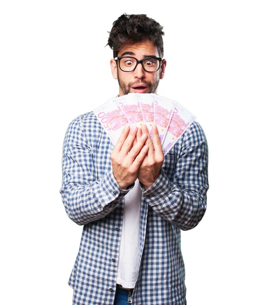 Happy Young Man Holding Bills Isolated White Background — Stock Photo, Image