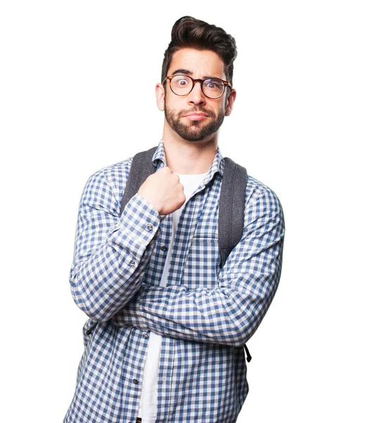 Student Man Wijst Zichzelf Geïsoleerd Witte Achtergrond — Stockfoto