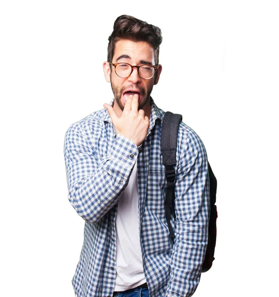 Beyaz arka plan üzerinde izole kusmuk jest yapan öğrenci erkek