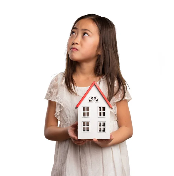 Chinese Little Girl White Dress Holding Small House Isolated White — Stock Photo, Image