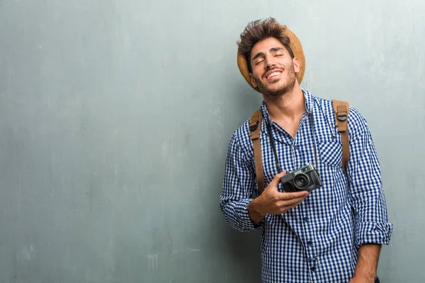 Young Handsome Traveler Man Wearing Straw Hat Backpack Photo Camera — Stock Photo, Image