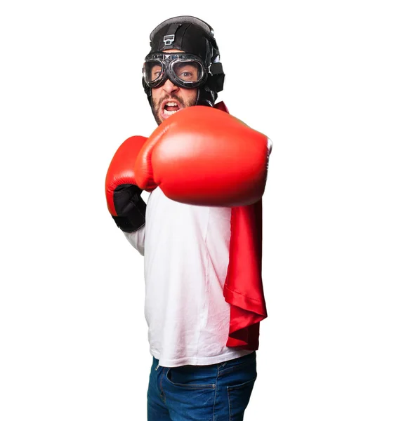 Super Hjälte Med Boxning Handskar Isolerad Vit Bakgrund — Stockfoto