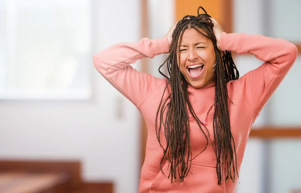 Portrait Young Black Woman Wearing Braids Crazy Desperate Screaming Out — Stock Photo, Image