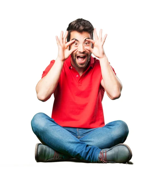 Hombre Sentado Abriendo Los Ojos Aislado Sobre Fondo Blanco —  Fotos de Stock