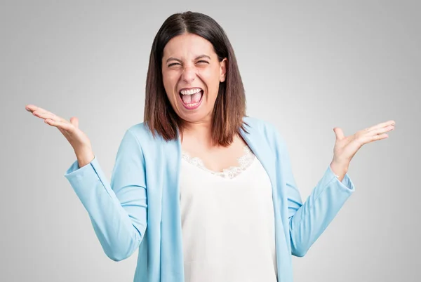 Middle Aged Woman Crazy Desperate Screaming Out Control Funny Lunatic — Stock Photo, Image