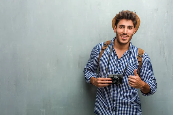 Young Handsome Traveler Man Wearing Straw Hat Backpack Photo Camera — Stock Photo, Image