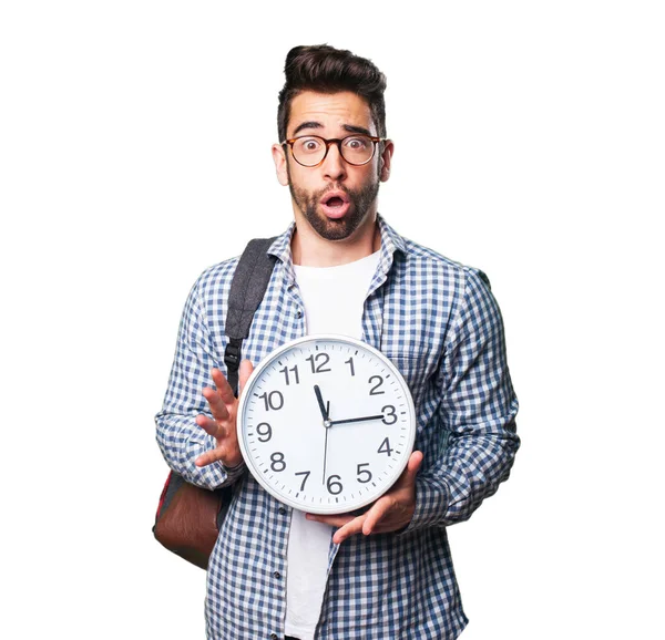 Estudiante Hombre Sosteniendo Reloj Aislado Sobre Fondo Blanco — Foto de Stock