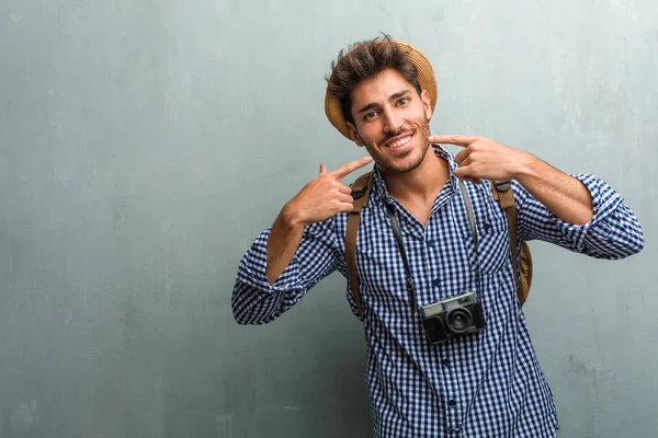 Young Handsome Traveler Man Wearing Straw Hat Backpack Photo Camera — Stock Photo, Image