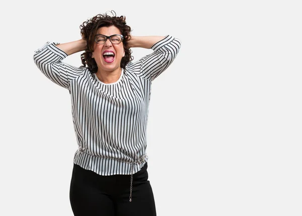 Middle Aged Woman Crazy Desperate Screaming Out Control Funny Lunatic — Stock Photo, Image