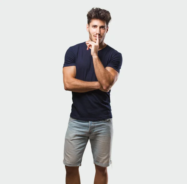 Young Handsome Man Standing Keeping Secret Asking Silence Serious Face — Stock Photo, Image