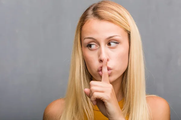 Portrait Natural Young Blonde Woman Keeping Secret Asking Silence — Stock Photo, Image