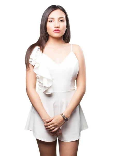 Asijské Žena Představuje Izolované Bílém Pozadí — Stock fotografie
