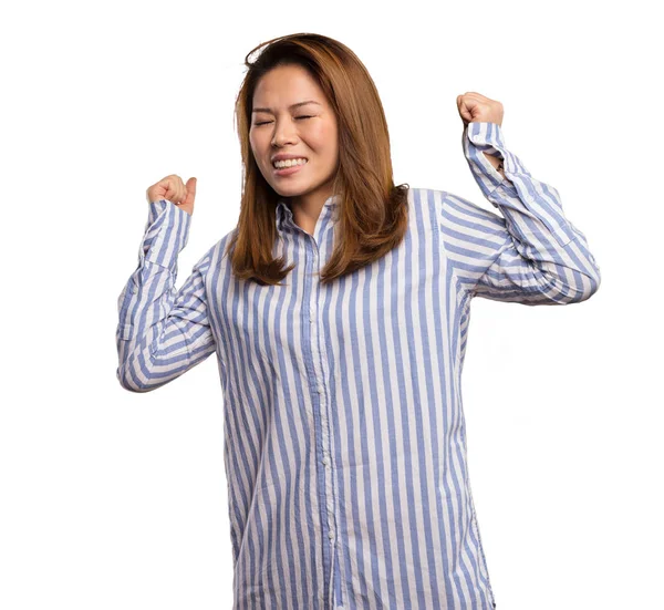 Mujer China Camisa Rayas Haciendo Gesto Ganador Aislado Sobre Fondo —  Fotos de Stock