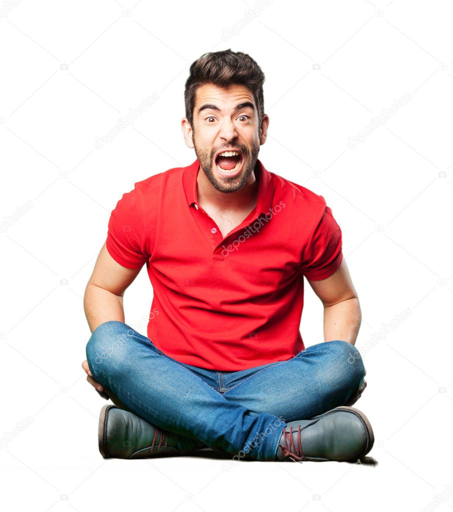 man sitting shouting isolated on white background