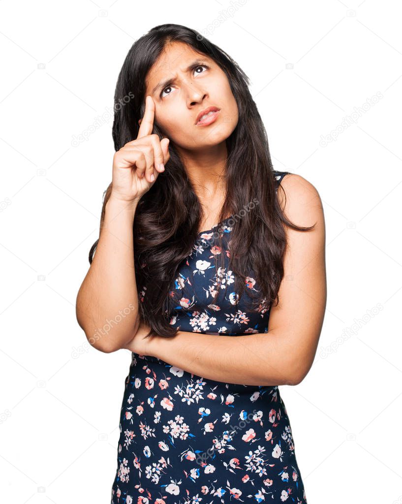 latin woman thinking isolated on white background