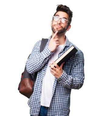 Beyaz arka plan üzerinde izole bir kitap öğrenci adam