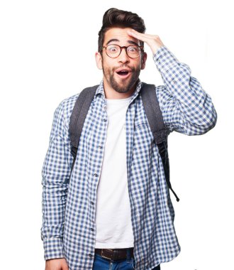 Beyaz arka plan üzerinde izole sürpriz öğrenci adam