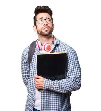 Beyaz arka plan üzerinde izole bir kitap öğrenci adam