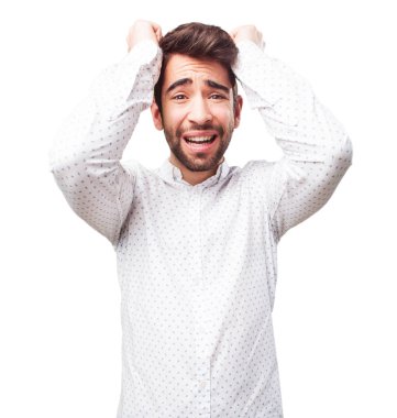 Beyaz arka plan üzerinde izole elinde kafa ile ağlayan adam