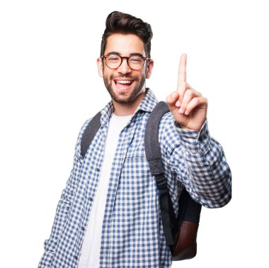 Beyaz arka plan üzerinde izole bir jest yapan öğrenci erkek