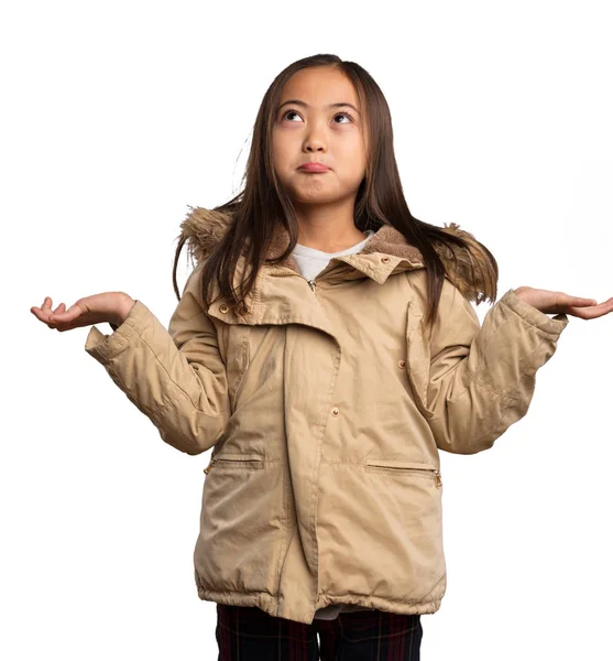 Chinese Little Girl Beige Jacket Doubting Isolated White Background — Stock Photo, Image