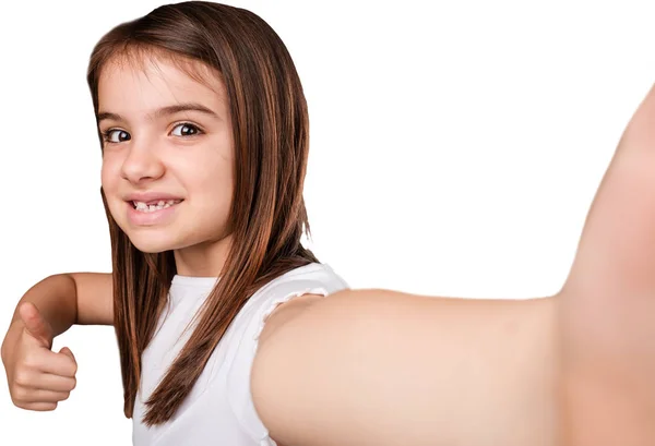 Menina Corpo Inteiro Sorrindo Feliz Tomando Uma Selfie Segurando Câmera — Fotografia de Stock