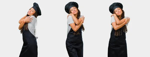 Set Young Black Female Baker Black Uniform Hugging Herself — Stock Photo, Image