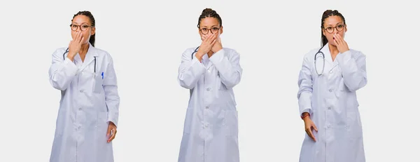 Set Young Black Female Doctor Covering Mouth Gray Background — Stock Photo, Image