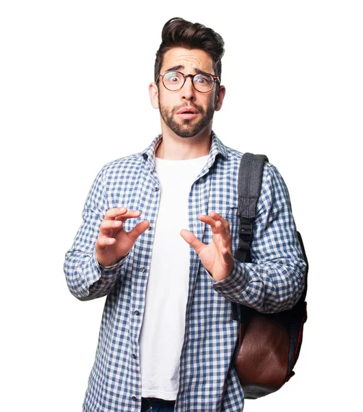 Peur Étudiant Homme Isolé Sur Fond Blanc — Photo