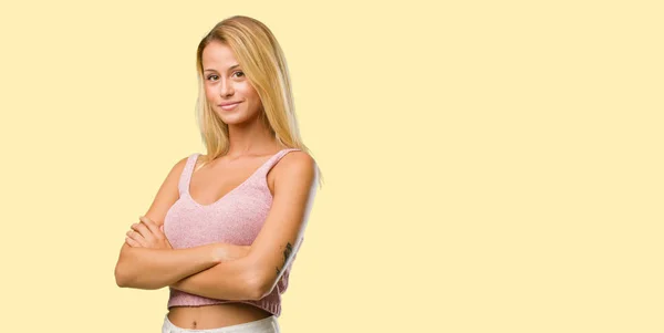 Portrait Young Pretty Blonde Woman Crossing His Arms Smiling Happy — Stock Photo, Image
