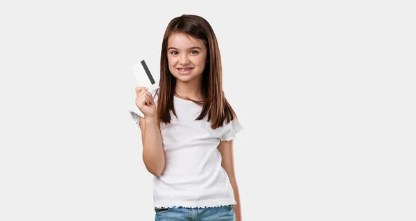 Full Body Little Girl Cheerful Smiling Very Excited Holding New — Stock Photo, Image