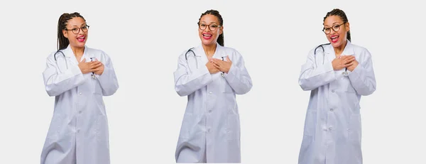 Set Young Black Female Doctor Doing Romantic Gesture Gray Background — Stock Photo, Image