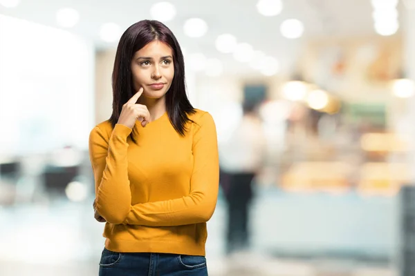 Young Pretty Woman Doubting Confused Thinking Idea Worried Something Cafeteria — Stock Photo, Image