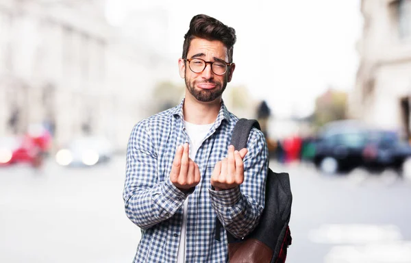 Student Man Gör Fattiga Gest — Stockfoto