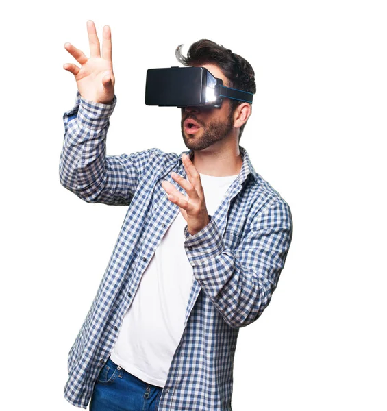 Joven Con Gafas Realidad Virtual Aisladas Sobre Fondo Blanco —  Fotos de Stock
