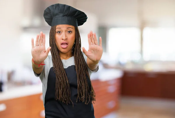 Portrait Young Black Baker Woman Serious Determinated Put Hand Front — Stok Foto
