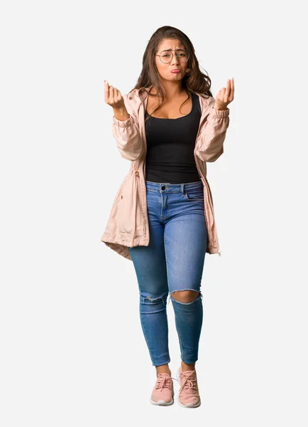 Full Body Young Curvy Woman Doing Gesture Need — Stock Photo, Image
