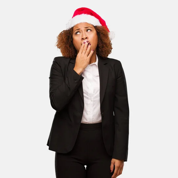 Young Business Black Woman Wearing Chirstmas Santa Hat Tired Very — Stock Photo, Image