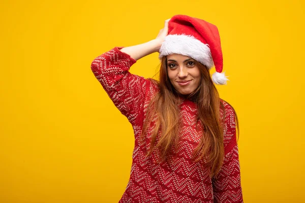 Mujer Joven Con Sombrero Santa Preocupado Abrumado —  Fotos de Stock