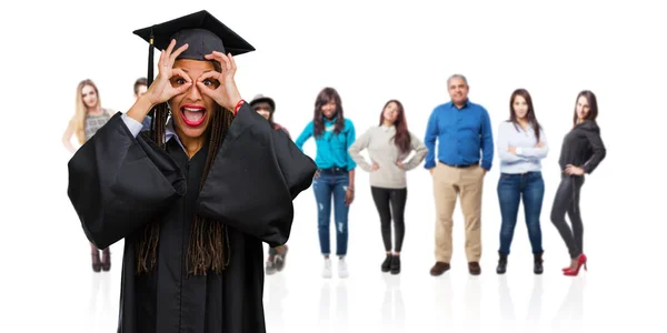 Young Graduated Black Woman Wearing Braids Cheerful Confident Doing Gesture — Stock Photo, Image