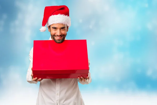 Jovem Usando Chapéu Papai Noel Dia Natal — Fotografia de Stock